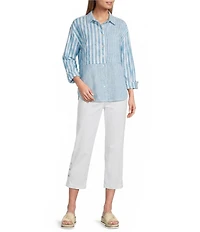 Multiples Yarn-Dye Stripe Point Collar Long Roll-Tab Sleeve Button-Front Shirt