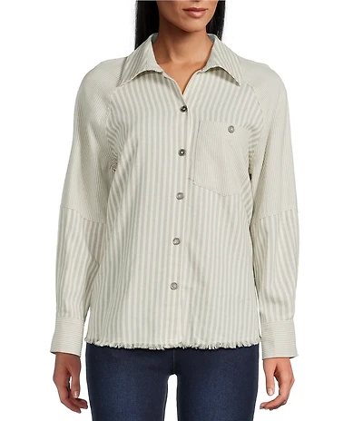 Multiples Yarn Dye Stripe Point Collar Long Sleeve Button-Front Flannel Shirt