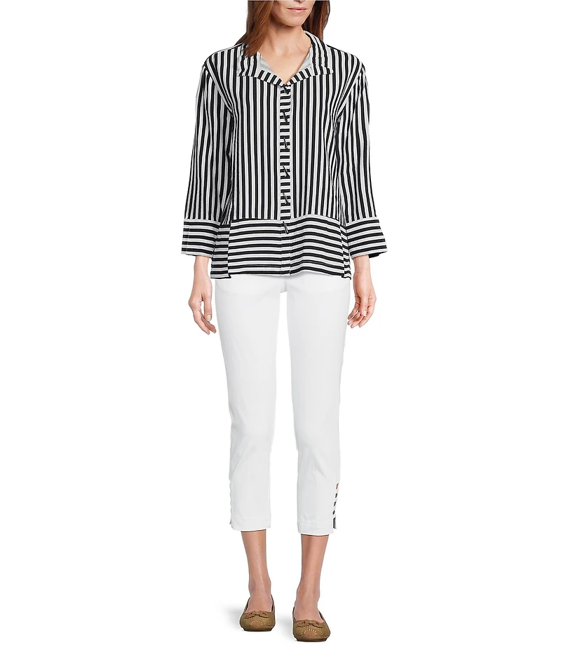 Multiples Yarn-Dye Stripe Wire Collar 3/4 Turn-Up Cuff Sleeve Button-Front Shirt