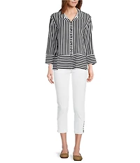 Multiples Yarn-Dye Stripe Wire Collar 3/4 Turn-Up Cuff Sleeve Button-Front Shirt