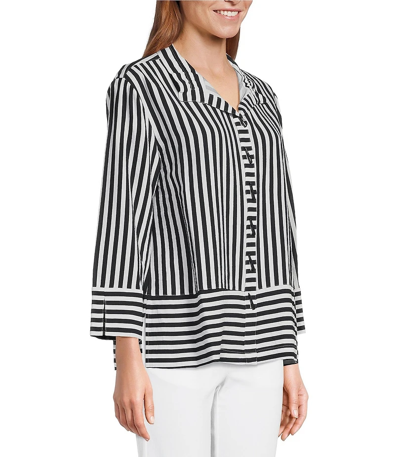 Multiples Yarn-Dye Stripe Wire Collar 3/4 Turn-Up Cuff Sleeve Button-Front Shirt