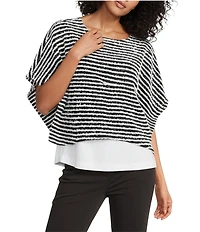 Multiples Yarn-Dyed Boat Neck 3/4 Sleeve Stripe Poncho Top