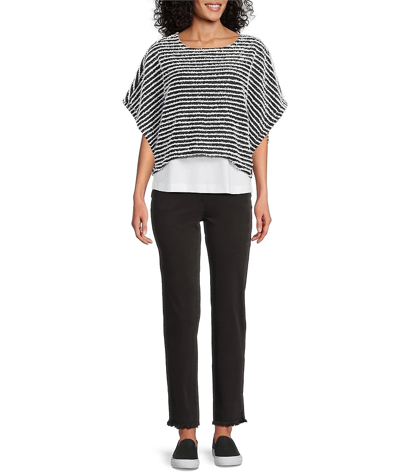 Multiples Yarn-Dyed Boat Neck 3/4 Sleeve Stripe Poncho Top