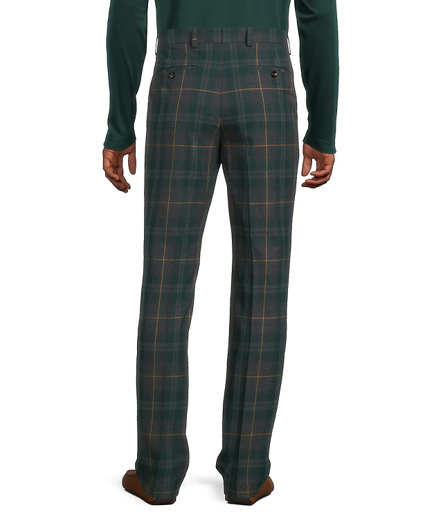 slim fit dress slacks Harris Tweed Dark Green Tartan Pants