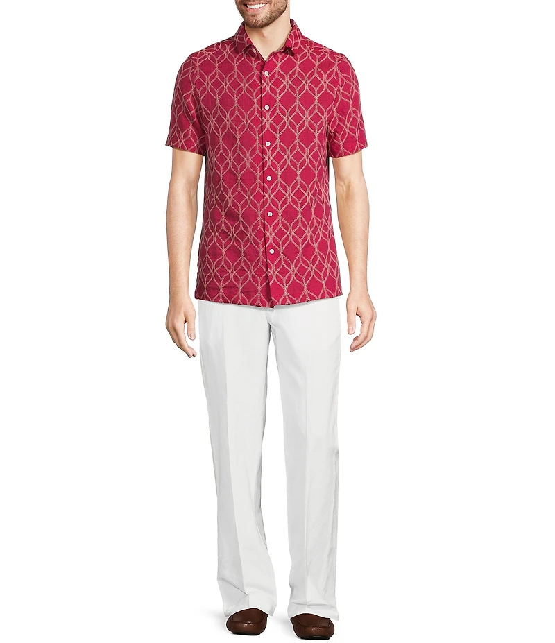 Murano Baird McNutt Linen Embroidered Short Sleeve Convertible Camp Collar Woven Shirt