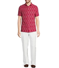 Murano Baird McNutt Linen Embroidered Short Sleeve Convertible Camp Collar Woven Shirt