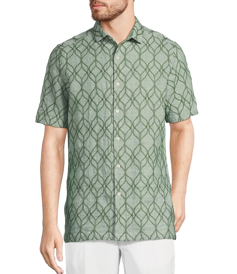 Murano Baird McNutt Linen Embroidered Short Sleeve Convertible Camp Collar Woven Shirt