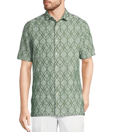 Murano Baird McNutt Linen Embroidered Short Sleeve Convertible Camp Collar Woven Shirt