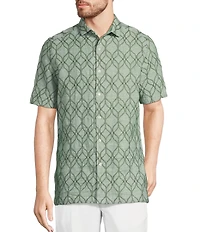 Murano Baird McNutt Linen Embroidered Short Sleeve Convertible Camp Collar Woven Shirt