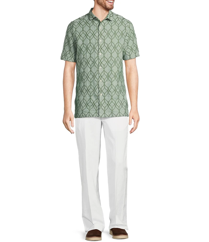 Murano Baird McNutt Linen Embroidered Short Sleeve Convertible Camp Collar Woven Shirt