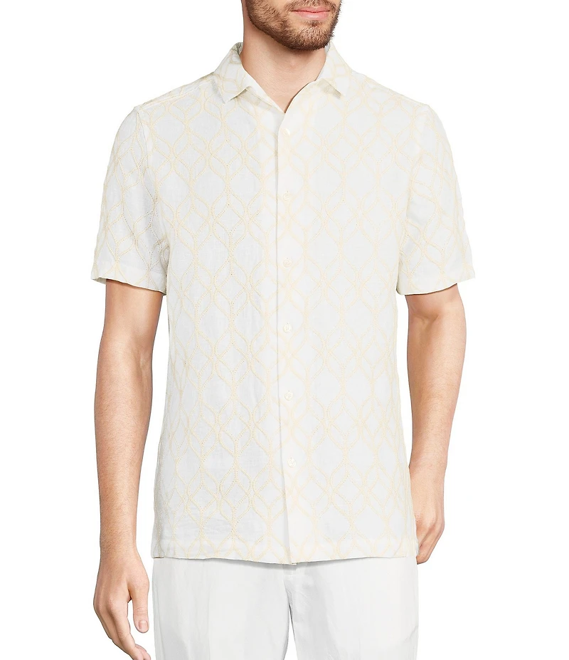 Murano Baird McNutt Linen Embroidered Short Sleeve Convertible Camp Collar Woven Shirt
