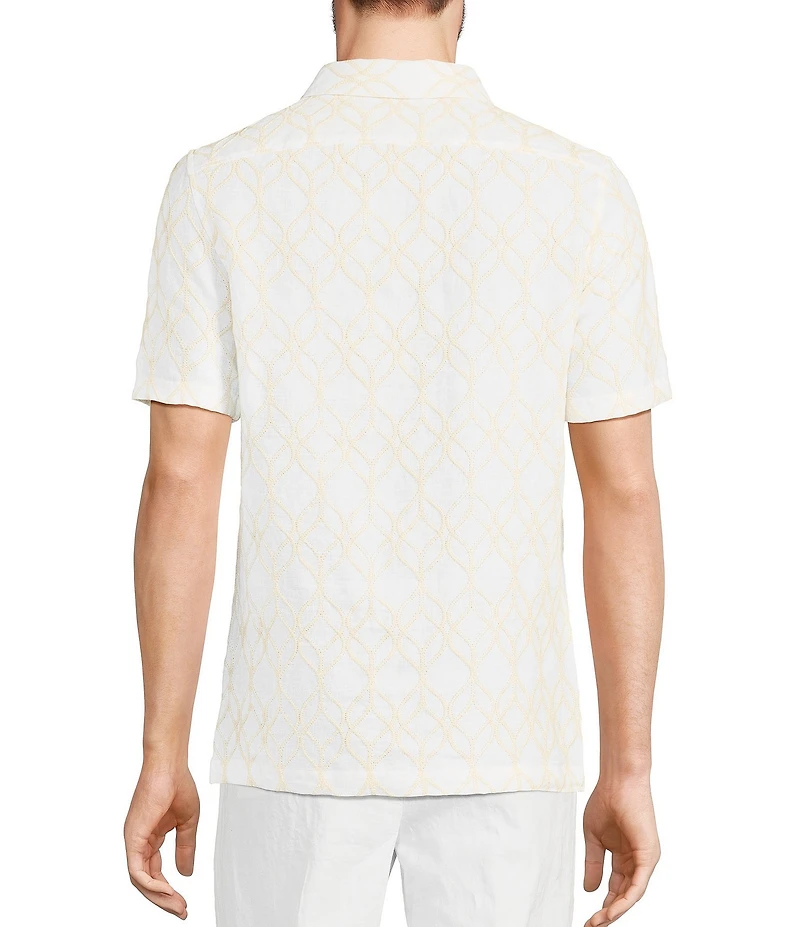Murano Baird McNutt Linen Embroidered Short Sleeve Convertible Camp Collar Woven Shirt