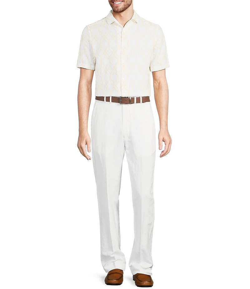 Murano Baird McNutt Linen Embroidered Short Sleeve Convertible Camp Collar Woven Shirt