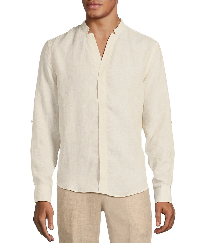 Murano Big & Tall Baird McNutt Linen Classic Fit Mandarin Collar Long Sleeve Woven Shirt