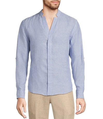 Murano Big & Tall Baird McNutt Linen Classic Fit Mandarin Collar Long Sleeve Woven Shirt