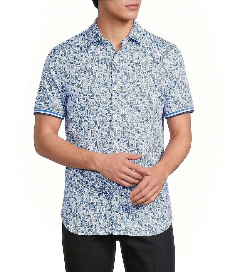 Murano Big & Tall Saronic Islands Greece Collection Slim Fit Greece Print Short Sleeve Button Front Shirt