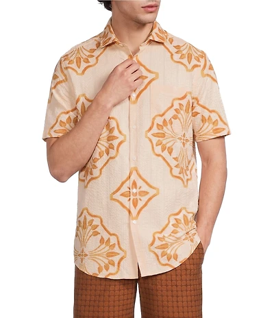 Murano Big & Tall Seville Collection Geometric Print Short Sleeve Seersucker Woven Shirt