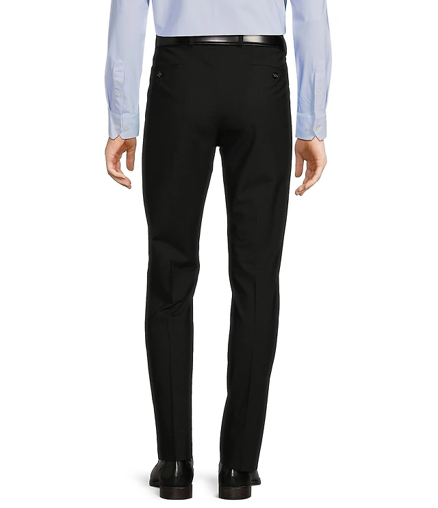slim fit dress slacks Mens Solid Navy Slim Fit Flat Front 4 Way Stretch Dress Pants – The Suit  Depot main image 0