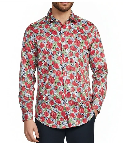 Murano Corsa Di Cavalli Derby Collection Slim Fit Rose Print Long Sleeve Woven Shirt