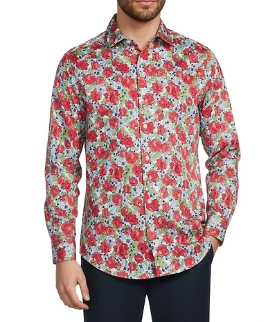 Murano Corsa Di Cavalli Derby Collection Slim Fit Rose Print Long Sleeve Woven Shirt