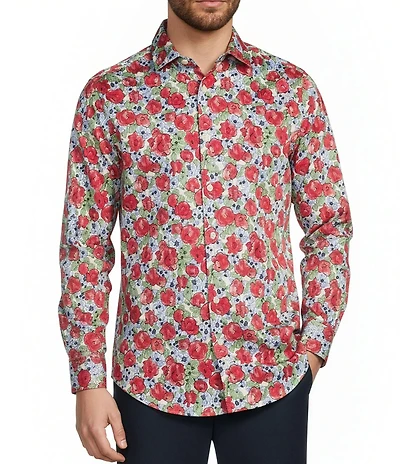 Murano Corsa Di Cavalli Derby Collection Slim Fit Rose Print Long Sleeve Woven Shirt