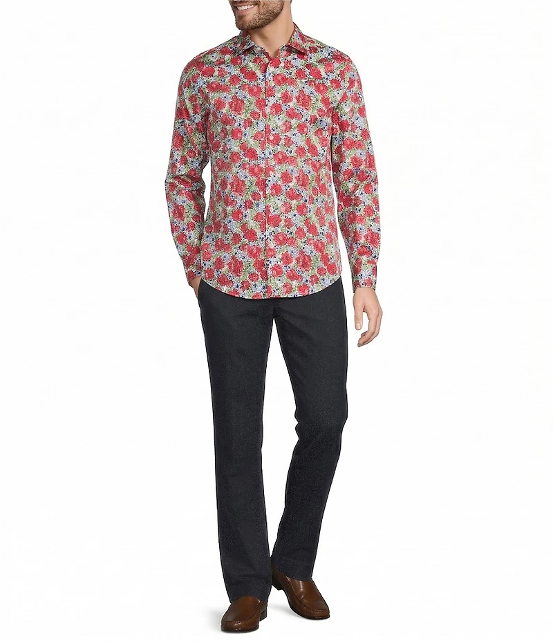 Murano Corsa Di Cavalli Derby Collection Slim Fit Rose Print Long Sleeve Woven Shirt