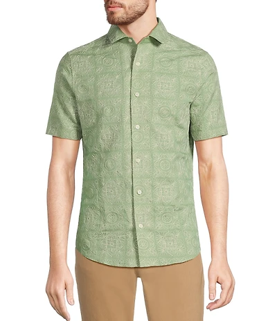 Murano From The Garden Collection Slim Fit Allover Embroidered Short Sleeve Woven Convertible Camp Shirt