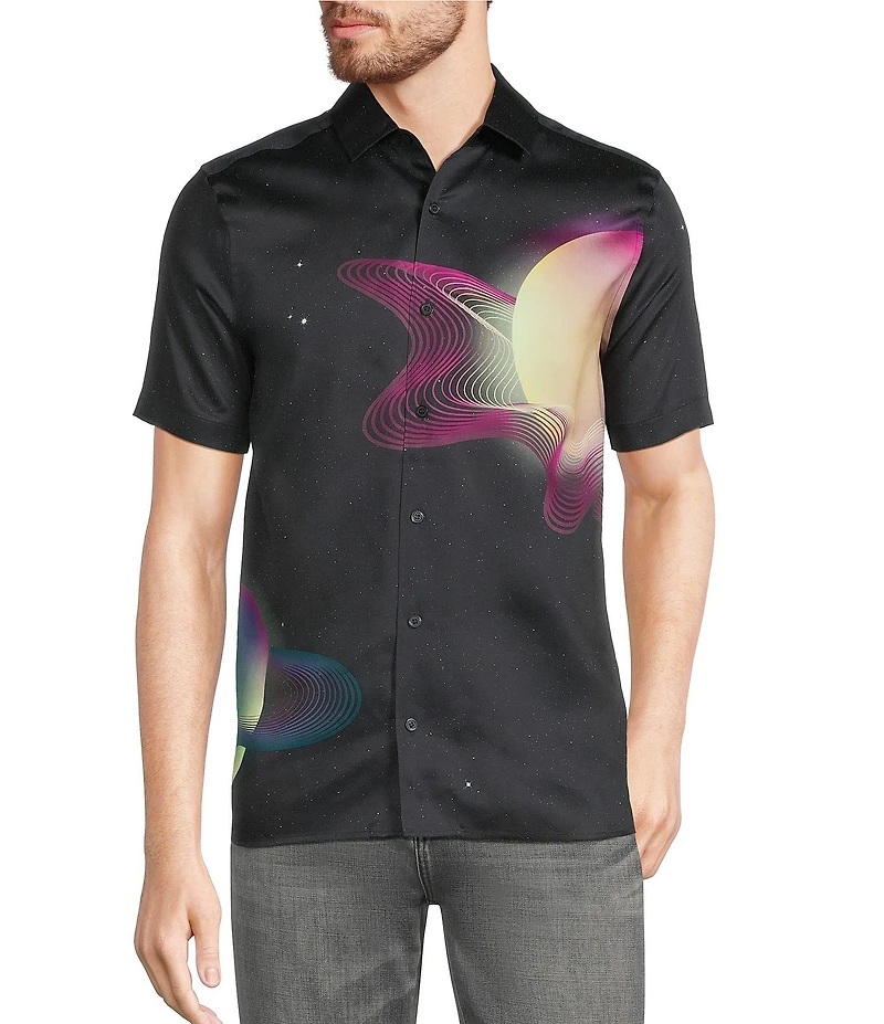 Murano Interdimensional Collection Slim Fit Planet Applique Short Sleeve Convertible Woven Camp Shirt