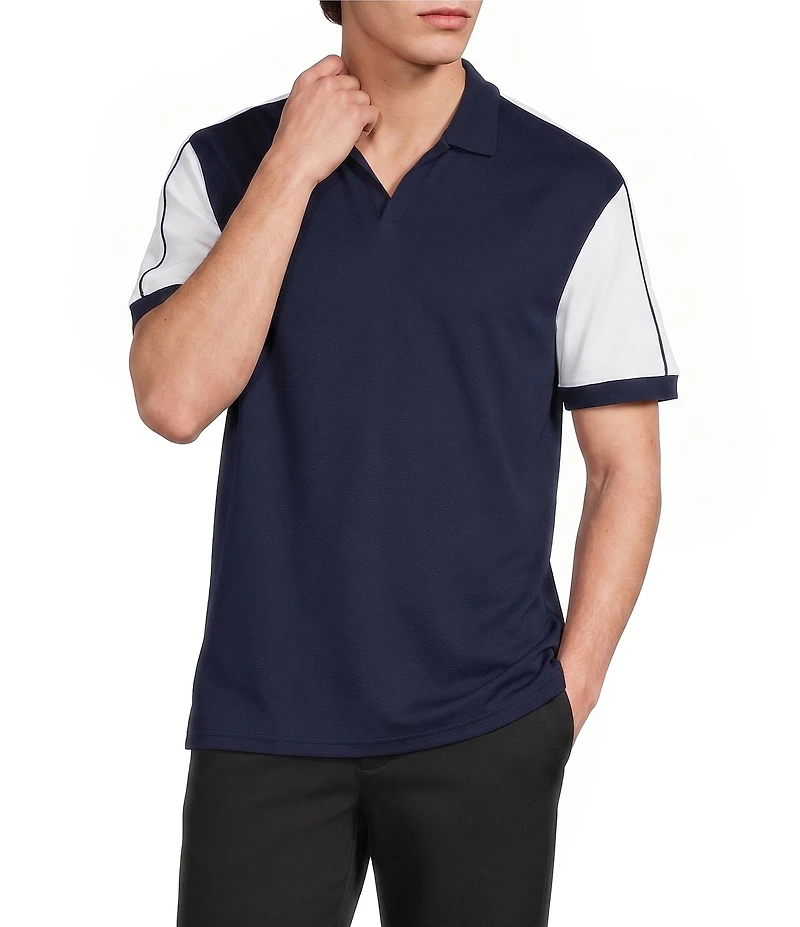 Murano Liquid Luxury Pieced Slim Fit Johnny Collar Short Sleeve Polo Shirt