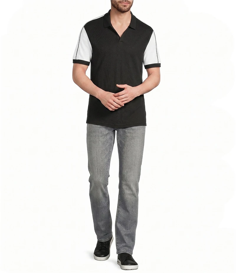 Murano Liquid Luxury Pieced Slim Fit Johnny Collar Short Sleeve Polo Shirt