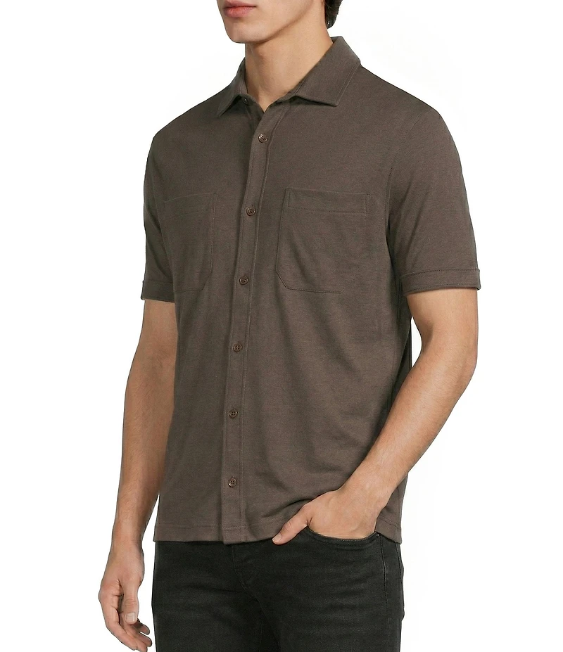 Murano Liquid Luxury Short Sleeve Knit Interlock Solid Coatfront Shirt