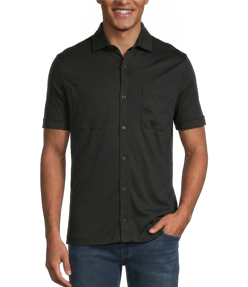 Murano Liquid Luxury Short Sleeve Knit Interlock Solid Coatfront Shirt