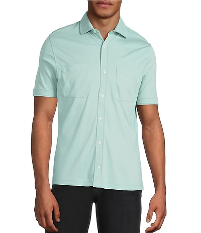 Murano Liquid Luxury Short Sleeve Knit Interlock Solid Coatfront Shirt