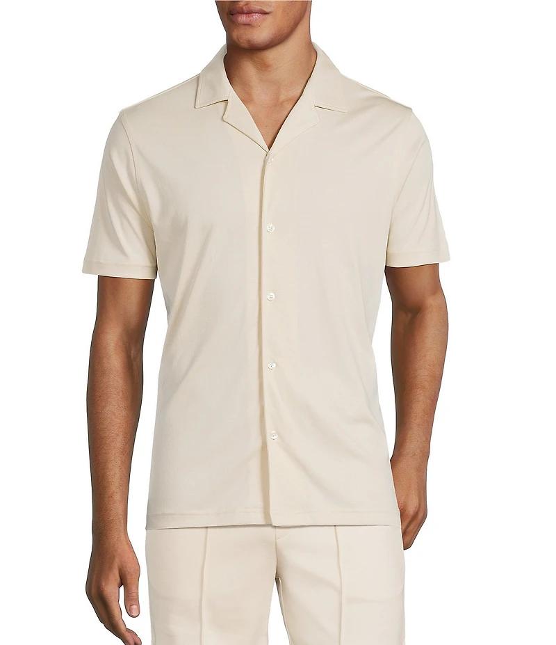 Murano Liquid Luxury Slim Fit Solid Coatfront Short Sleeve Woven Camp Shirt