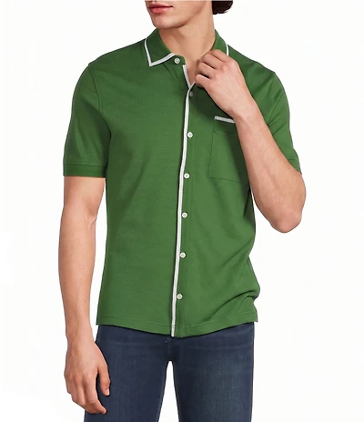 Murano Liquid Luxury Slim Fit Textured Coat Front Short Sleeve Shirt