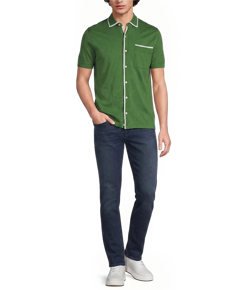 Murano Liquid Luxury Slim Fit Textured Coat Front Short Sleeve Shirt
