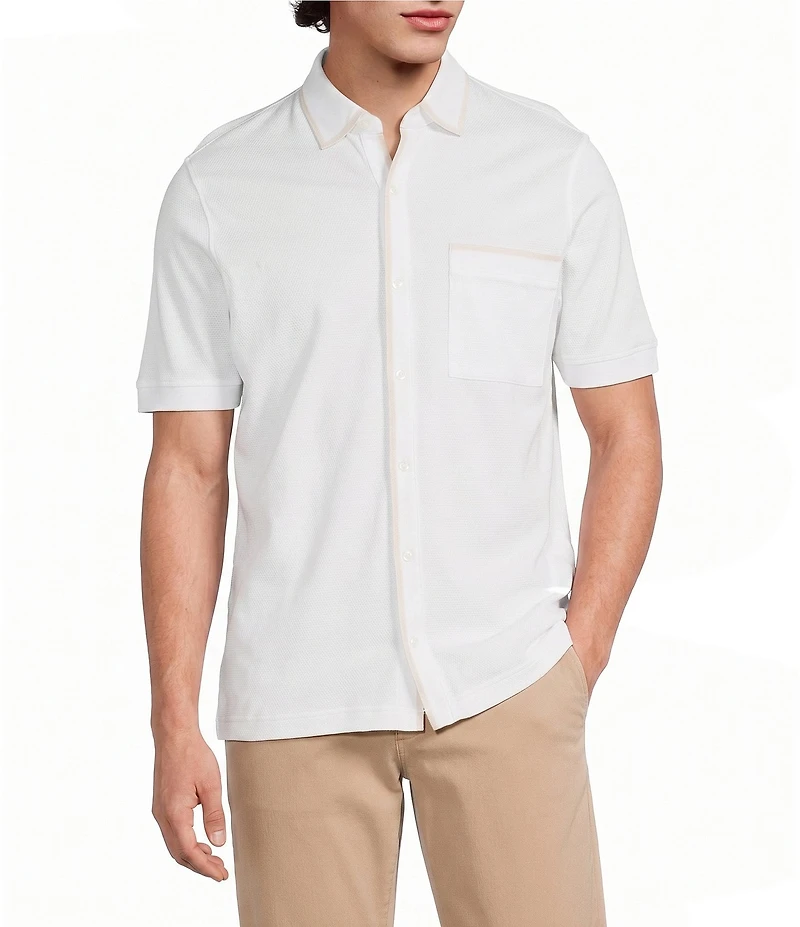 Murano Liquid Luxury Slim Fit Textured Coat Front Short Sleeve Shirt
