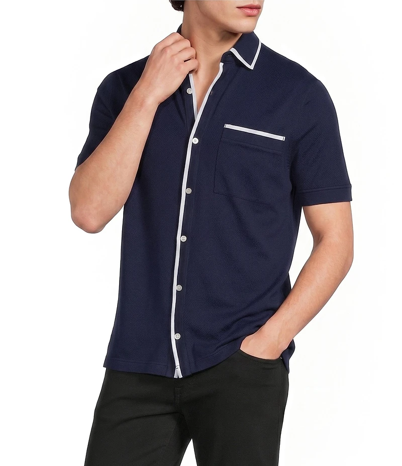 Murano Liquid Luxury Slim Fit Textured Coat Front Short Sleeve Shirt