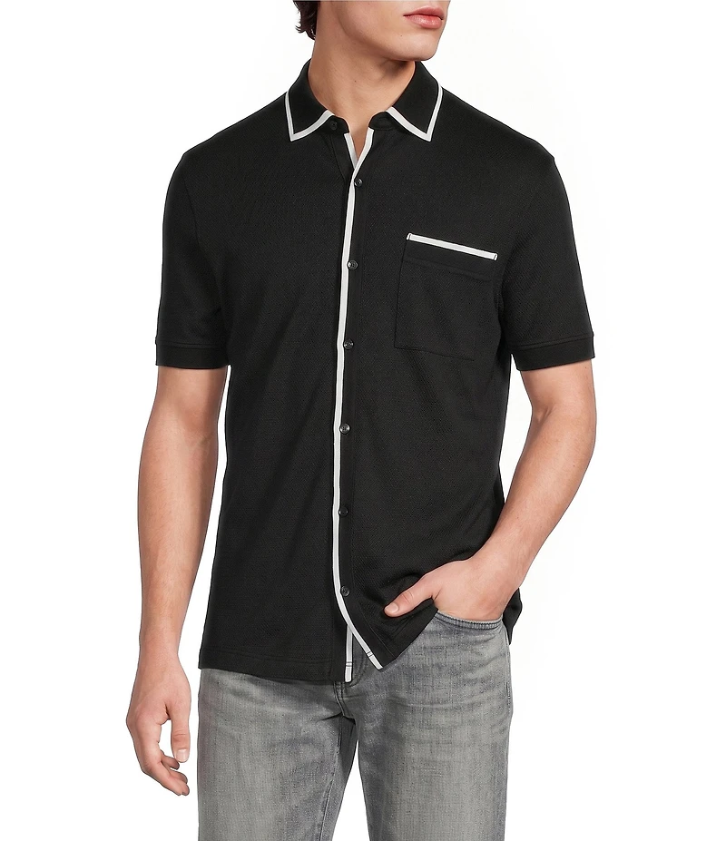 Murano Liquid Luxury Slim Fit Textured Coat Front Short Sleeve Shirt