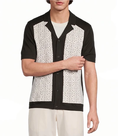 Murano Oaxaca Collection Crochet Pieced Short Sleeve Woven Camp Shirt