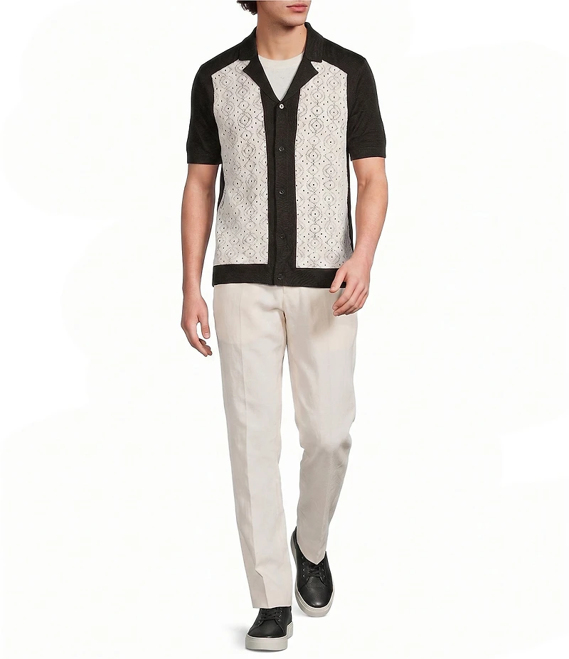 Murano Oaxaca Collection Crochet Pieced Short Sleeve Woven Camp Shirt