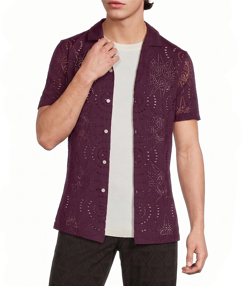 Murano Oaxaca Collection Slim Fit All Over Eyelet Camp Collar Knit Shirt