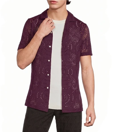 Murano Oaxaca Collection Slim Fit All Over Eyelet Camp Collar Knit Shirt