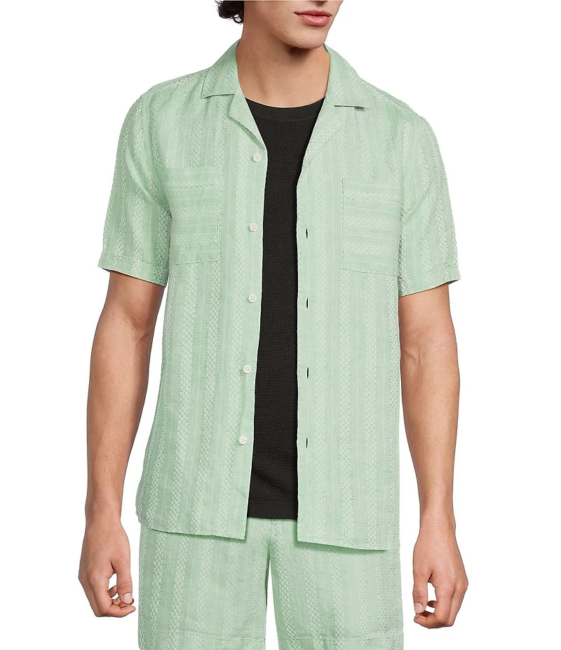 Murano Oaxaca Collection Slim Fit Linen Stripe Short Sleeve Woven Shirt