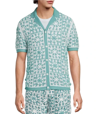 Murano Palm Springs Collection Palm Tree Crochet Short Sleeve Woven Camp Shirt