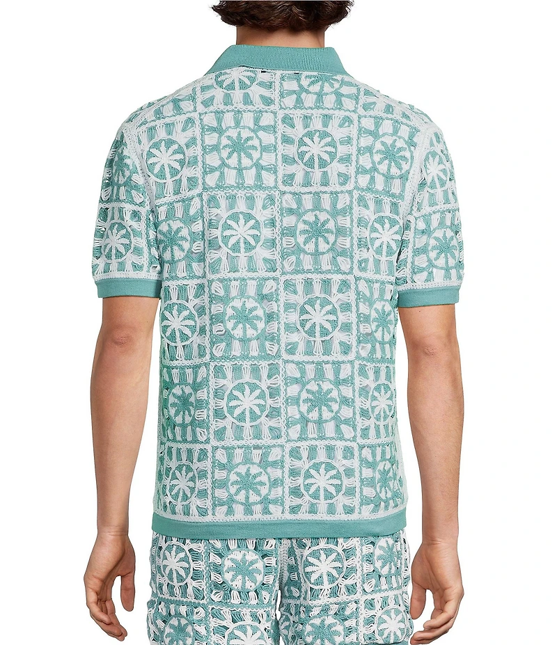 Murano Palm Springs Collection Palm Tree Crochet Short Sleeve Woven Camp Shirt