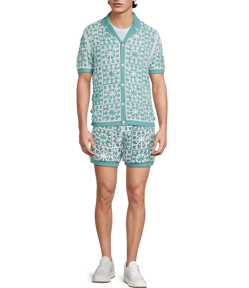 Murano Palm Springs Collection Palm Tree Crochet Short Sleeve Woven Camp Shirt