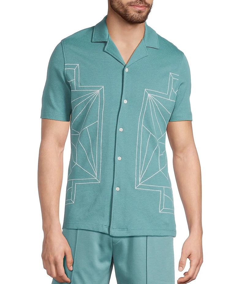 Murano Palm Springs Collection Slim Fit Embroidered Short Sleeve Coatfront Shirt