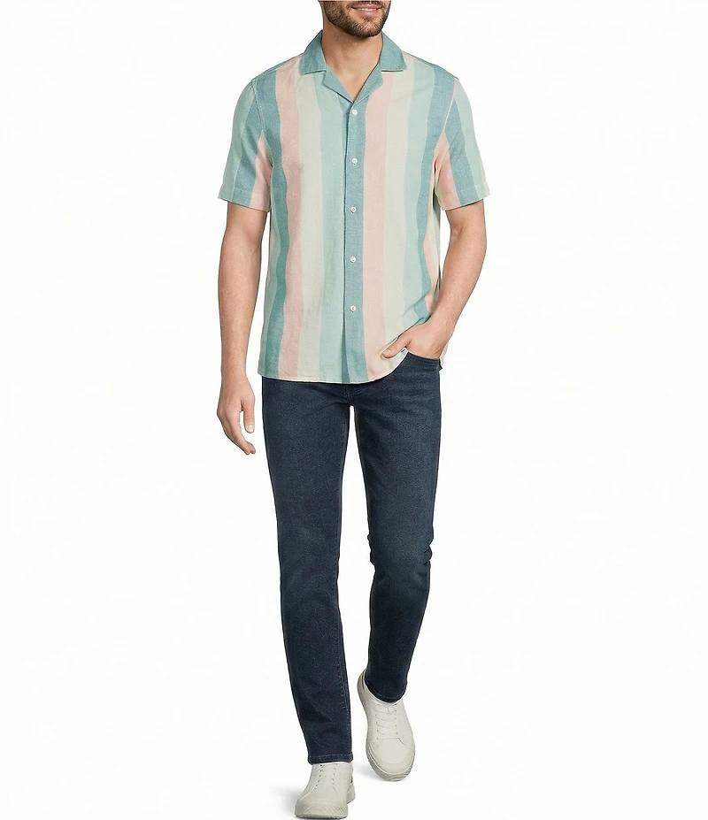 Murano Palm Springs Collection Slim Fit Linen Stripe Short Sleeve Woven Shirt