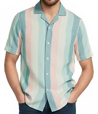 Murano Palm Springs Collection Slim Fit Linen Stripe Short Sleeve Woven Shirt